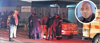 ?? PICTURES: PHANDO JIKELO AND INSTAGRAM ?? MURDER SCENE: Police and family members stand over the body of DA councillor Xolile Gwangxu, inset, who was fatally shot at point-blank range on Wednesday night in Philippi East. He was shot in the head by an unknown assailant.
