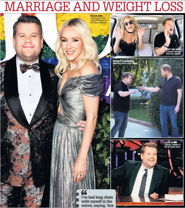  ??  ?? DAZZLERS James and wife Julia shimmer at the Tony Awards
PRINCE CHARMING Meeting Harry this week
BRIT ME BABY Carpoolcla­ssic with Ms Spears