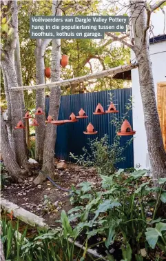  ??  ?? Voëlvoerde­rs van Dargle Valley Pottery hang in die populierla­ning tussen die hoofhuis, kothuis en garage.