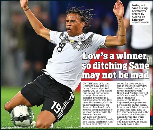  ?? AFP/GETTY IMAGES ?? Losing out: Sane during Germany’s defeat by Austria on Saturday