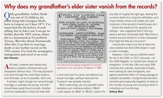  ??  ?? This advert encouragin­g emigration to Canada appeared in the Hampshire Telegraph in 1896a man and took his name, but without any actual marriage, perhaps because her ‘husband’ was already married.When searching, use any possible name variations and mistranscr­iptions (‘Moth’ could appear as ‘Math’ or ‘Muth’); search for