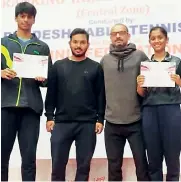  ?? ?? Snehit (left) and Sreeja (right) with coach Somnath Ghosh (second from left) and fitness coach Hirak Bagchi.