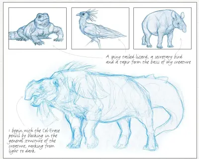  ??  ?? I begin with the Col-Erase pencil by blocking in the general structure of the creature, working from light to dark. A spiny tailed lizard, a secretary bird and a tapir form the basis of my creature