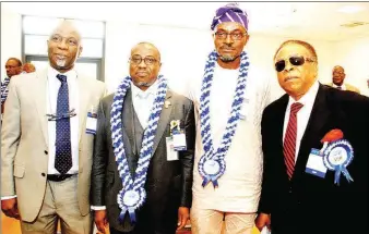  ??  ?? L-R: President of the Nigerian Gas Associatio­n,Mr. Dada Thomas;Group Managing Director of NNPC, Dr. Maikanti K. Baru; Chairman of Society Petroleum Engineers (SPE), Nigeria Council,Dr. Saka Matemilola; and Former Special Adviser to the President of...