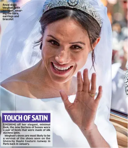  ??  ?? Royal style: Meghan, with bouquet, wearing the tiara, earrings and bracelet