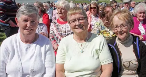  ??  ?? Betty Fitzgerald, Katherine Hogan and Bea Kelly from Wexford enjoying the sunshine at the opening of the pilgrimage season at Our Lady’s Island last Tuesday.
