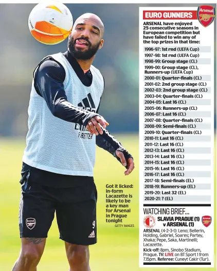  ?? GETTY IMAGES ?? Got it licked: in-form Lacazette is likely to be a key man for Arsenal in Prague tonight