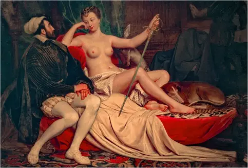  ?? ?? Diane de Poitiers et Henri II, d'Édouard Cibot (1799– 1877). Diane est souvent représenté­e nue, sous les traits de Diane chasseress­e.