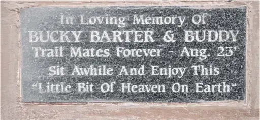  ?? FRANK GALE ?? A nameplate on a bench on Bucky’s Point memorializ­es Bucky and his canine companion Buddy.