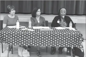  ?? PHOTO BY BLAKE HERZOG/YUMA SUN ?? (FROM LEFT) STATE REP. CHARLENE FERNANDEZ, D-YUMA, STATE SEN. LISA OTONDO, D-YUMA,, AND STATE REP. GERAE PETEN, D-GOODYEAR, all from District 4, appeared at a town hall-style forum Tuesday at the Cesar Chavez Cultural Center in San Luis.