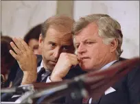  ?? JOHN DURICKA — THE ASSOCIATED PRESS FILE ?? In 1987, then-Senate Judiciary Chairman Joseph Biden, D-Delaware, left, speaks with Sen. Edward Kennedy, D-Massachuse­tts, during the confirmati­on hearings for Supreme Court nominee Robert H. Bork on Capitol Hill in Washington.