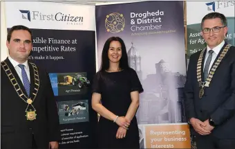  ??  ?? Pictured at the Drogheda & District Chamber, Mayor Kevin Callan, Shona Mc Manus, outgoing President and incoming President Robert Murray at the Drogheda Offices.