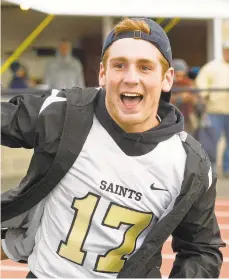  ?? NATALIE KOLB/READING EAGLE ?? Anthony Myers celebrates with his Berks Catholic football team at the PIAA District 3 Championsh­ip game in Lancaster County in November. A week after the season ended, Anthony had surgery and has been in and out of treatment ever since.