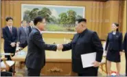  ?? KOREAN CENTRAL NEWS AGENCY (VIA AP) ?? North Korean leader Kim Jong Un, right, shakes hands with South Korean National Security Director Chung Eui-yong on Monday in Pyongyang, North Korea.