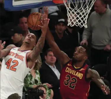  ?? JULIE JACOBSON — ASSOCIATED PRESS ?? Jeff Green blocks a shot by the Knicks’ Lance Thomas on April 9 in New York.