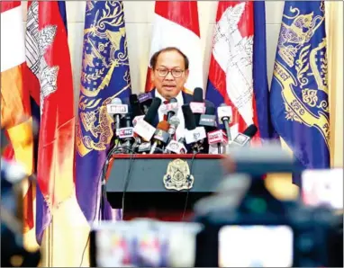  ?? HENG CHIVOAN ?? Phay Siphan speaks at a press conference on Thursday.