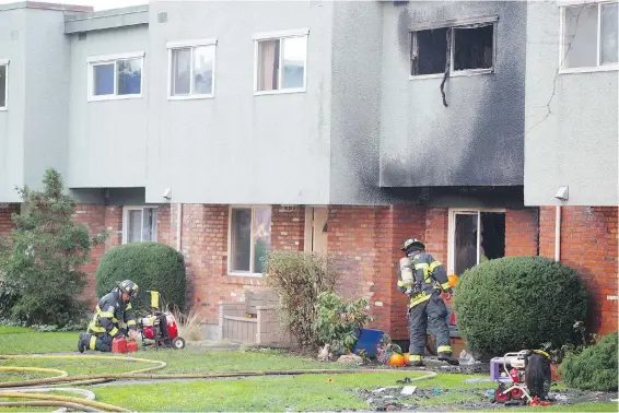  ??  ?? A blaze at Evergreen Terrace complex on Nov. 18, 2016, displaced 35 people. They’ve found new places to stay, but the fire’s aftermath brought home the problems in housing people in Greater Victoria.