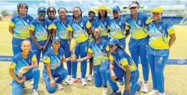  ?? CWI PHOTO ?? Barbados players celebrate winning the Women’s T20 Blaze at Warner Park in St Kitts yesterday.