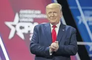  ?? IMAGES VIA USA TODAY] ?? President Donald Trump acknowledg­es the crowd during the annual Conservati­ve Political Action Conference at Gaylord National Resort & Convention Center on Feb. 29, 2020, in National Harbor, Maryland. [TASOS KATOPODIS/GETTY