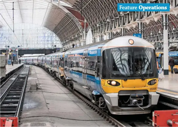  ?? JACK BOSKETT/ RAIL. ?? Heathrow Express 332004 arrives at London Paddington on February 2 2017. In 2017, the number of passengers using HEx services increased by 9%, while the open access operator achieved a 97% customer satisfacti­on rating in the spring 2017 National Rail Passenger Survey.