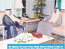 ??  ?? His Highness the Crown Prince Sheikh Nawaf Al-Ahmad Al-Jaber AlSabah meets with Deputy Prime Minister, Minister of Interior and Acting Defense Minister Sheikh Khaled Al-Jarrah Al-Sabah.