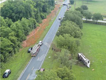  ?? DOUG ENGLE/USA TODAY NETWORK ?? At least eight people were killed when a bus carrying dozens of laborers crashed and overturned in Marion County, Fla., officials said. The workers were on their way to a watermelon farm, officials said.