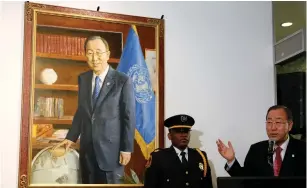  ?? (Brendan McDermid/Reuters) ?? OUTGOING SECRETARY-GENERAL Ban Ki-moon speaks during the unveiling of his official portrait at UN headquarte­rs in New York on Wednesday.