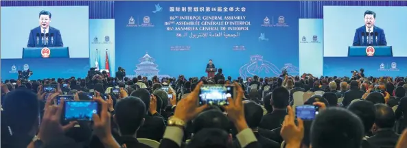  ?? FENG YONGBIN / CHINA DAILY ?? President Xi Jinping delivers the keynote speech at the opening of the 86th Interpol General Assembly in Beijing on Tuesday.