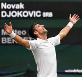  ?? Alberto Pezzali / Associated Press ?? No. 1 Novak Djokovic exults after beating Italy’s Matteo Berrettini in four sets Sunday.