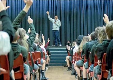  ??  ?? Mike King during his presentati­on to Matamata College last month. King also visited Morrinsvil­le College, Te Aroha College and held a special evening meeting in Matamata, to raise awareness of mental health issues around Waikato.