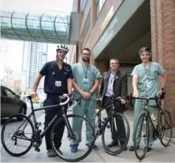  ??  ?? From left, doctors from St. Michael’s Hospital, Samuel Vaillancou­rt, Joel Lockwood, Rob Sargeant and Alun Ackery, are cycling through the Pyrenees mountains.