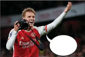  ?? ?? ARSENAL star Martin Odegaard grabbed a camera and started taking pictures after his side’s victory over Liverpool at the weekend. But what was the Norwegian midfielder saying? Our weekly competitio­n gives you the chance to write an amusing caption for a photo from the latest news. The best entry wins a €30 Eason token. Send your entries to Caption Competitio­n, Irish Daily Mail, Two Haddington Buildings, 20-38 Haddington Road, Dublin 4, D04 HE94 – or email captions@dailymail.ie. Entries should include your full name and address and arrive by Thursday, February 15. Previously, Taylor Swift planted a smacker on her boyfriend, American football star Travis Kelce, after his team, the Kansas City Chiefs, defeated the Baltimore Ravens in a big match. Last week, we asked what the pop star was saying, and the winning caption, below, came from James O Quigley in Listowel, Co. Kerry.