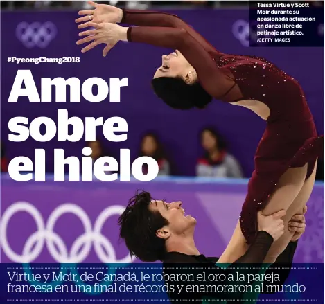  ?? /GETTY IMAGES ?? Tessa Virtue y Scott Moir durante su apasionada actuación en danza libre de patinaje artístico.