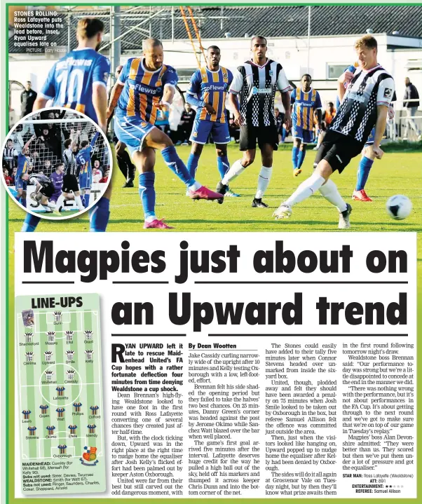  ?? PICTURE: Gary House ?? STONES ROLLING: Ross Lafayette puts Wealdstone into the lead before, inset, Ryan Upward equalises late on