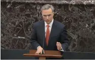  ?? HOGP—ASSOCIATED PRESS ?? In this image from video, White House counsel Pat Cipollone speaks during closing arguments in the impeachmen­t trial against President Donald Trump in the Senate at the U.S. Capitol in Washington, Monday, Feb. 3, 2020.