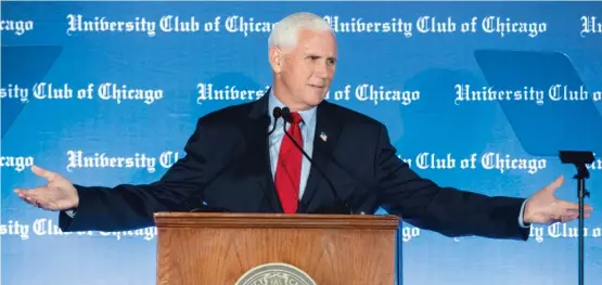  ?? ANTHONY VAZQUEZ/SUN-TIMES ?? Former Vice President Mike Pence speaks Monday about the state of the U.S. economy at the University Club of Chicago.
