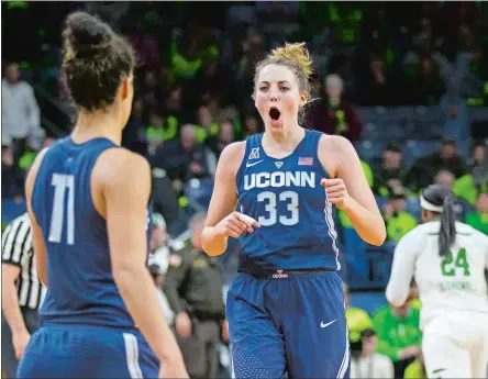 ?? ROBERT FRANKLIN/AP PHOTO ?? UConn’s Katie Lou Samuelson celebrates as she comes off the court following the top-ranked Huskies’ 72-61 win over No. 2 Notre Dame in Wednesday’s night’s women’s college basketball game in South Bend, Ind. It was UConn’s 83rd straight victory.