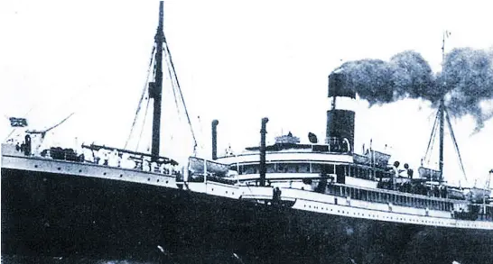  ??  ?? The RMS Hesperian was a passenger ship of the Allan Line, which served the Liverpool- Quebec-Montreal route from 1908 to 1915. On the night of Sept. 4, 1915, a German submarine torpedoed the Hesperian, which sank two days later.