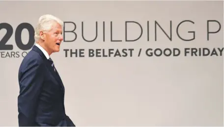  ?? Reuters ?? Bill Clinton at an event to mark the 20th anniversar­y of the Good Friday Agreement, in Belfast, Northern Ireland, yesterday