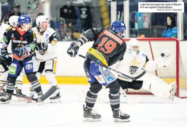  ?? PHOTO: SCOTT WIGGINS ?? Luke Ferrara goes for goal in Blaze’s 4-3 win against Nottingham.