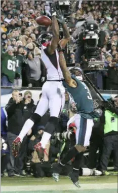  ?? CURTIS COMPTON — THE ASSOCIATED PRESS ?? The last time the Eagles faced Atlanta, Jalen Mills, right, did just enough to keep Julio Jones from making this catch on fourth down in the end zone in the playoffs. The Eagles would go on to win Super Bowl 52.