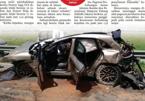  ?? ?? KERETA dinaiki mangsa yang remuk selepas terbabit kemalangan dengan dua lagi kenderaan lain.