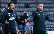  ??  ?? UP IN ARMS: Rooney and Derby coach Liam Rosenior