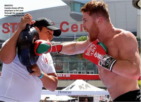  ?? Photos: TOM HOGAN/HOGAN PHOTOS/GOLDEN BOY PROMOTIONS ?? BEASTLY: Canelo shows off his physique as he’s put through his paces by trainer Eddy Reynoso