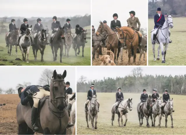  ??  ?? Clockwise from left: Suzanne Doggett takes a breather; Senior Master Caroline Dickinson (centre) talking to the field; Miranda Denne and Emma Mccallum (Duke of Buccleugh’s); Fieldmaste­r Nicky Keate;Clara Nicholl (Haydon), Pip Nixon (Tynedale), Laura Ritchie-bland, Jay Ryder and Emma Hobday (Morpeth) Below: butlers Richard Suddes and Jack Thomas Watson hand out drinks to the ladies