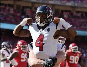  ?? ED ZURGA — THE ASSOCIATED PRESS ?? Texans quarterbac­k Deshaun Watson celebrates his touchdown against the Chiefs in Kansas City in October of 2019.