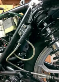  ??  ?? Guzzi’s unusual braking system uses a manifold to direct the pressure. This is it. The leaky master cylinder was replaced