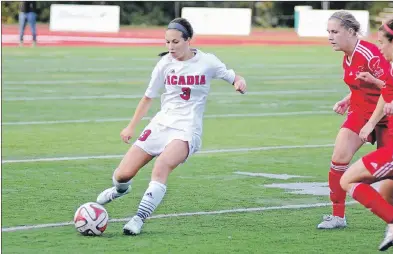  ?? SUBMITTED PHOTO ?? Fourth year Acadia Axewomen defender Emily Nickerson, originally of Coldbrook, is preparing to play in her first Canadian Interunive­rsity Sport (CIS) championsh­ip when the Wolfville-based university hosts the high level tournament in November.