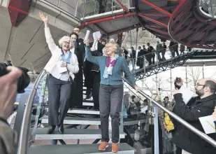  ?? ?? Members of the Senior Women for Climate Protection associatio­n react to the European Court of Human Rights’ announceme­nt after a hearing in Strasbourg, eastern France, April 9, 2024.