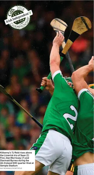  ?? RAY MCMANUS/SPORTSFILE ?? Kilkenny’s TJ Reid rises above the Limerick trio of Sean (2) Finn, Dan Morrissey (7) and Diarmaid Byrnes during the All-Ireland SHC quarter-final at Semple Stadium